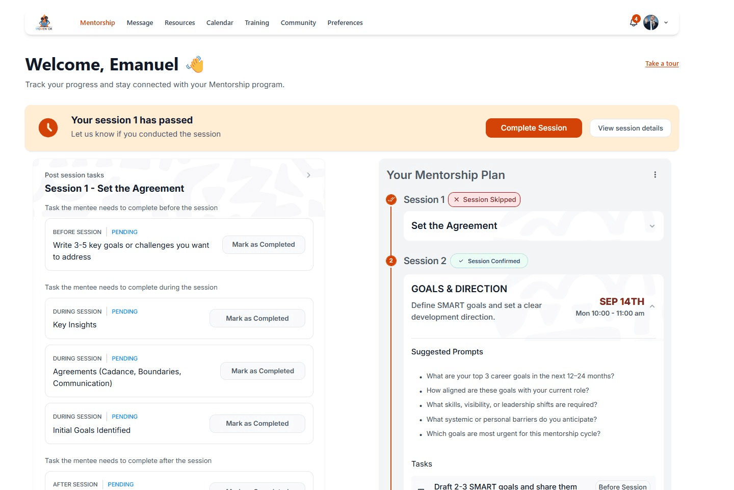 A completed training session: speaker, bio, agenda, session date, and the recording link